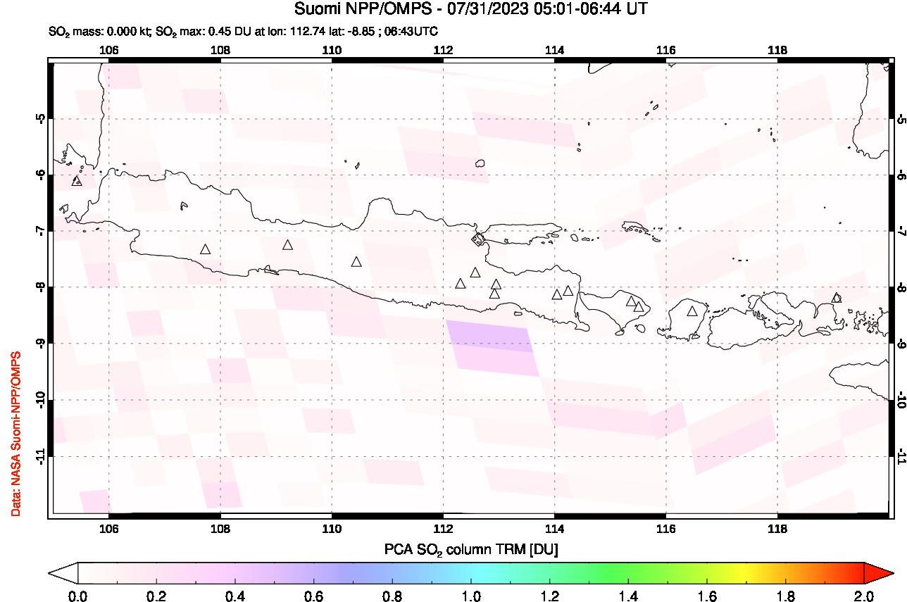 A sulfur dioxide image over Java, Indonesia on Jul 31, 2023.