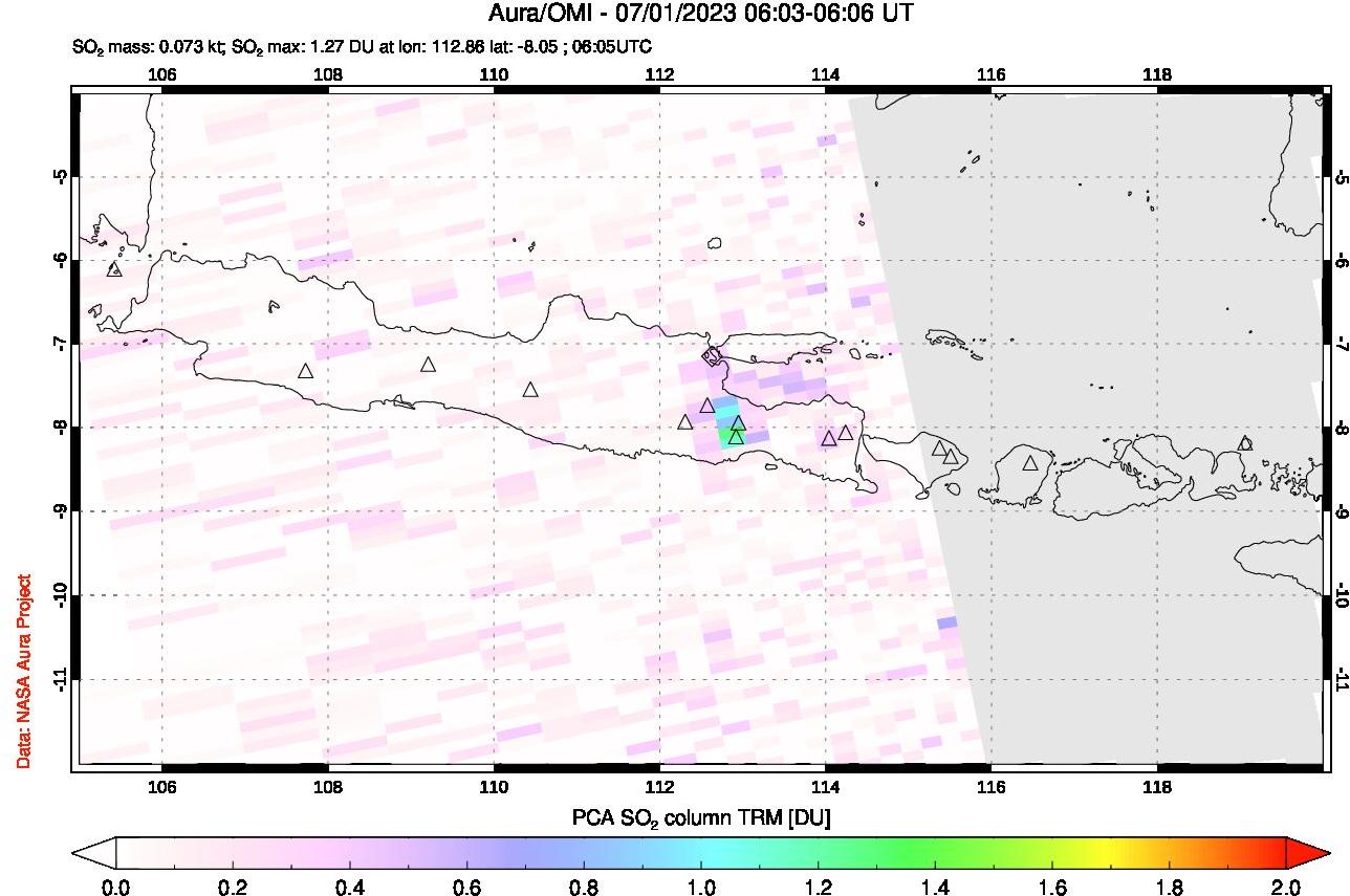 A sulfur dioxide image over Java, Indonesia on Jul 01, 2023.