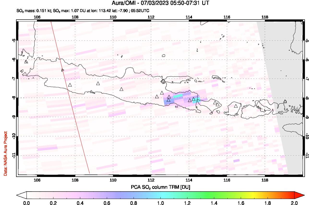 A sulfur dioxide image over Java, Indonesia on Jul 03, 2023.