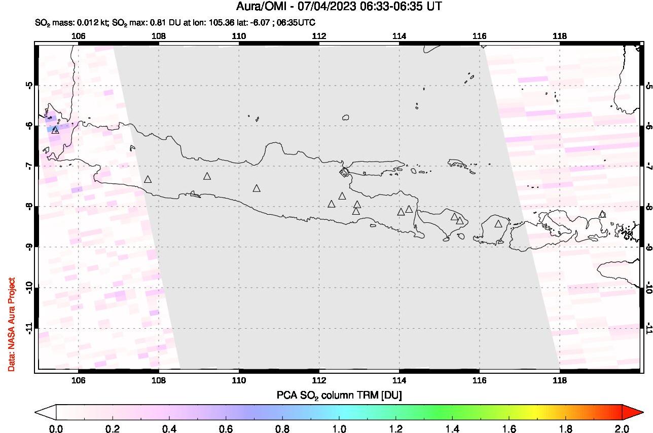 A sulfur dioxide image over Java, Indonesia on Jul 04, 2023.