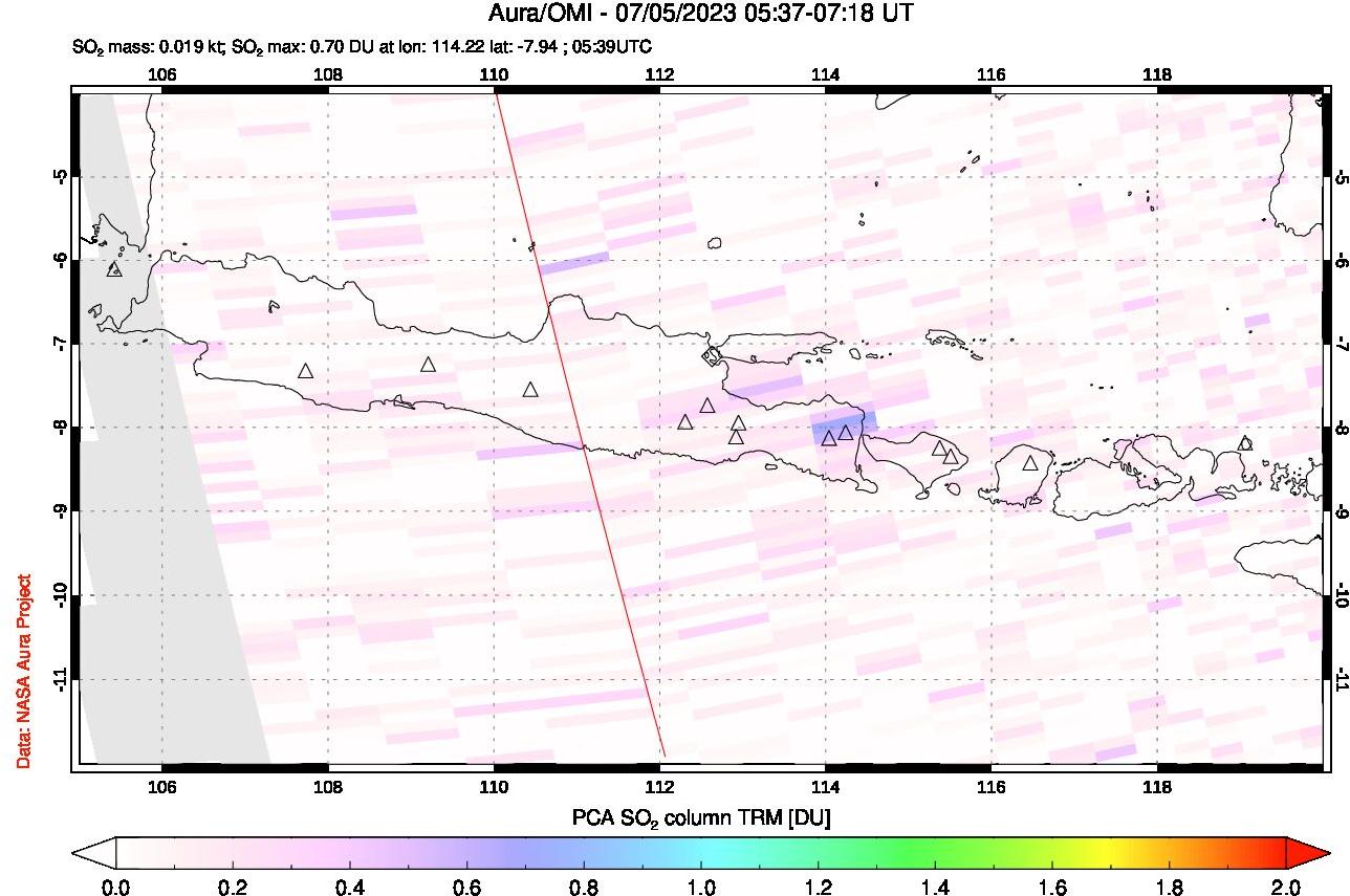A sulfur dioxide image over Java, Indonesia on Jul 05, 2023.