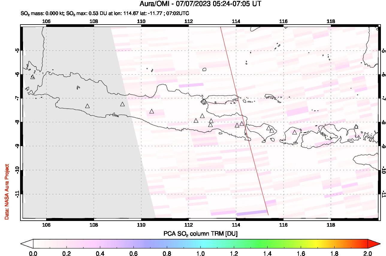 A sulfur dioxide image over Java, Indonesia on Jul 07, 2023.