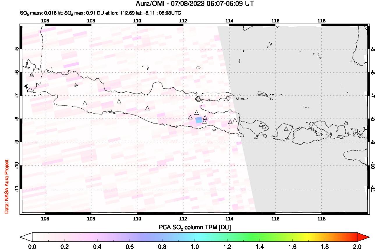 A sulfur dioxide image over Java, Indonesia on Jul 08, 2023.