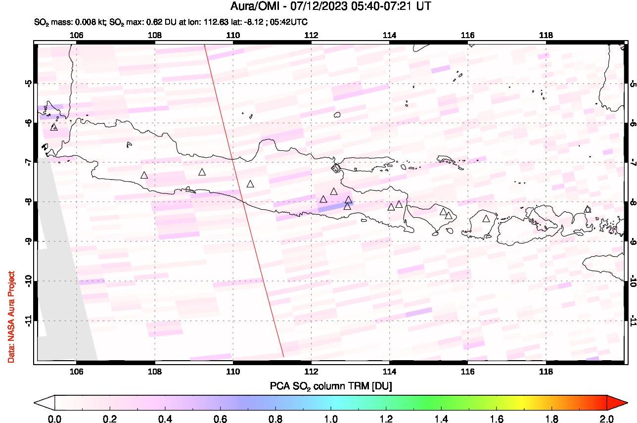 A sulfur dioxide image over Java, Indonesia on Jul 12, 2023.