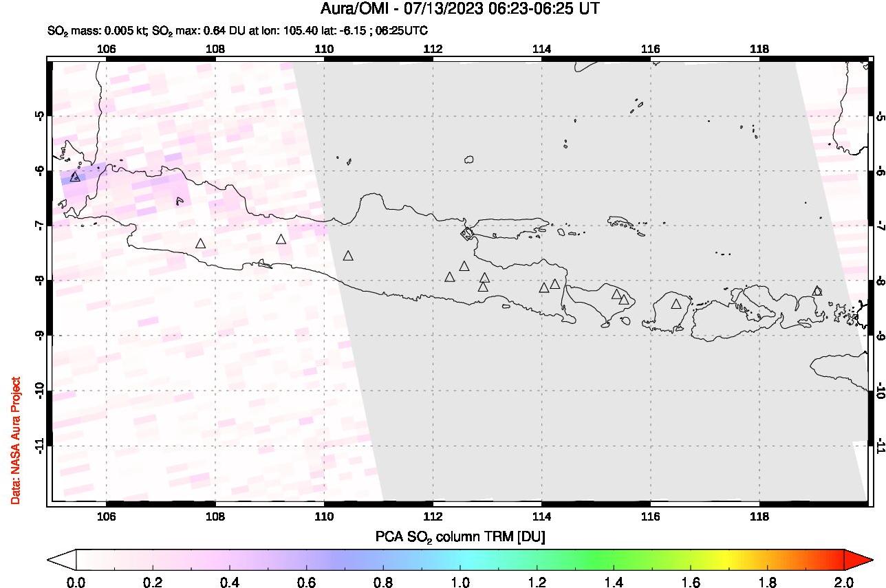 A sulfur dioxide image over Java, Indonesia on Jul 13, 2023.