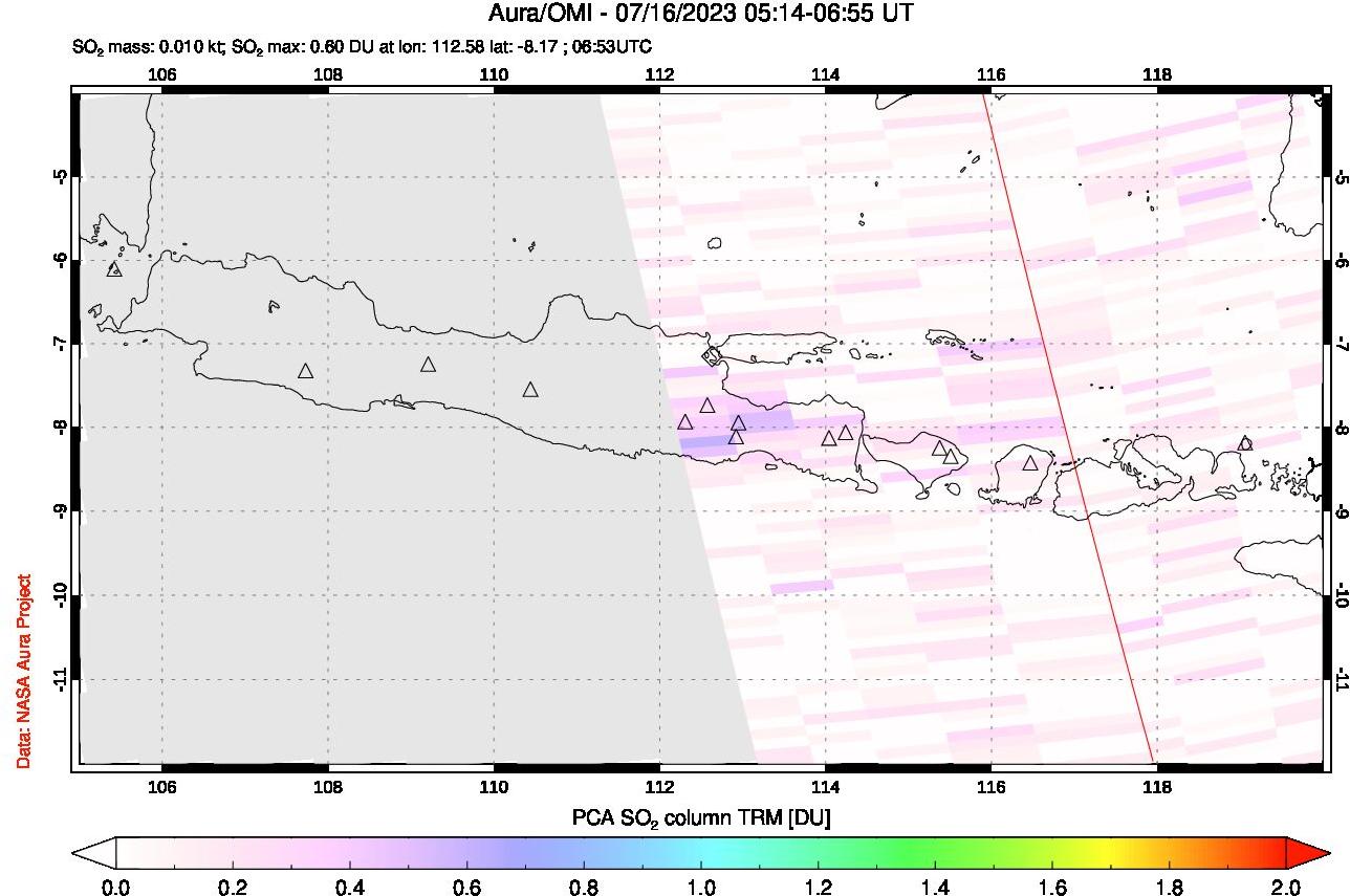A sulfur dioxide image over Java, Indonesia on Jul 16, 2023.