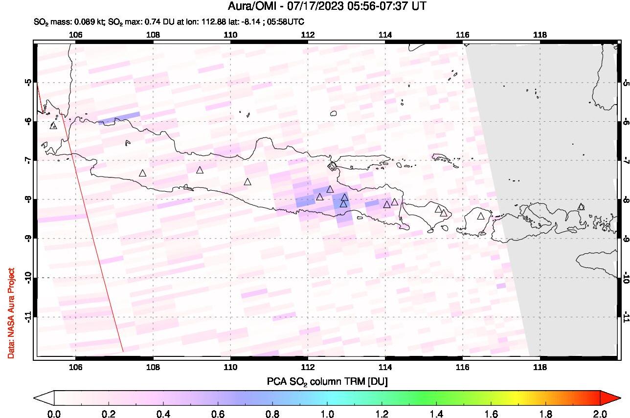 A sulfur dioxide image over Java, Indonesia on Jul 17, 2023.
