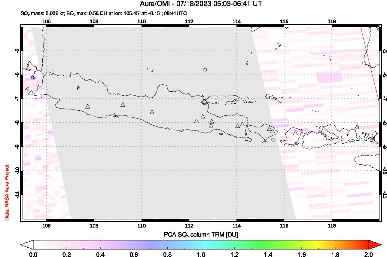 A sulfur dioxide image over Java, Indonesia on Jul 18, 2023.