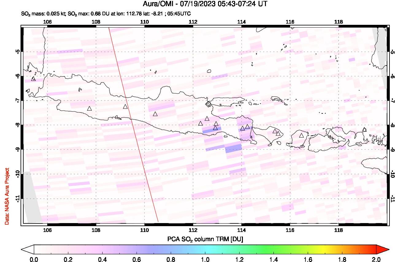A sulfur dioxide image over Java, Indonesia on Jul 19, 2023.