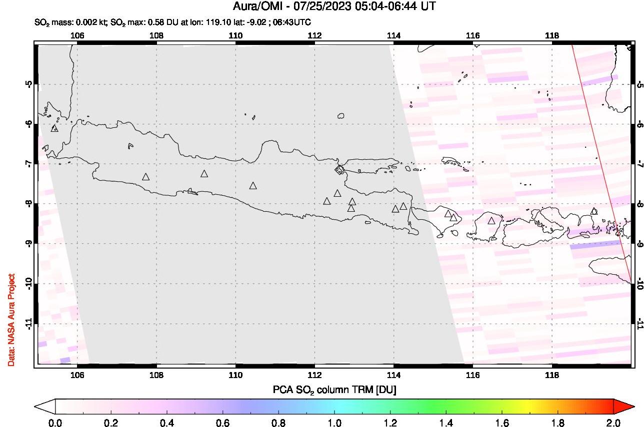 A sulfur dioxide image over Java, Indonesia on Jul 25, 2023.