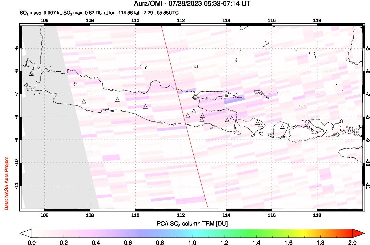 A sulfur dioxide image over Java, Indonesia on Jul 28, 2023.