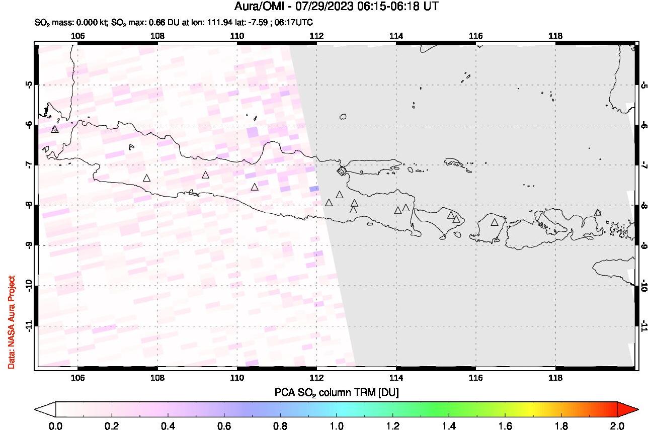 A sulfur dioxide image over Java, Indonesia on Jul 29, 2023.