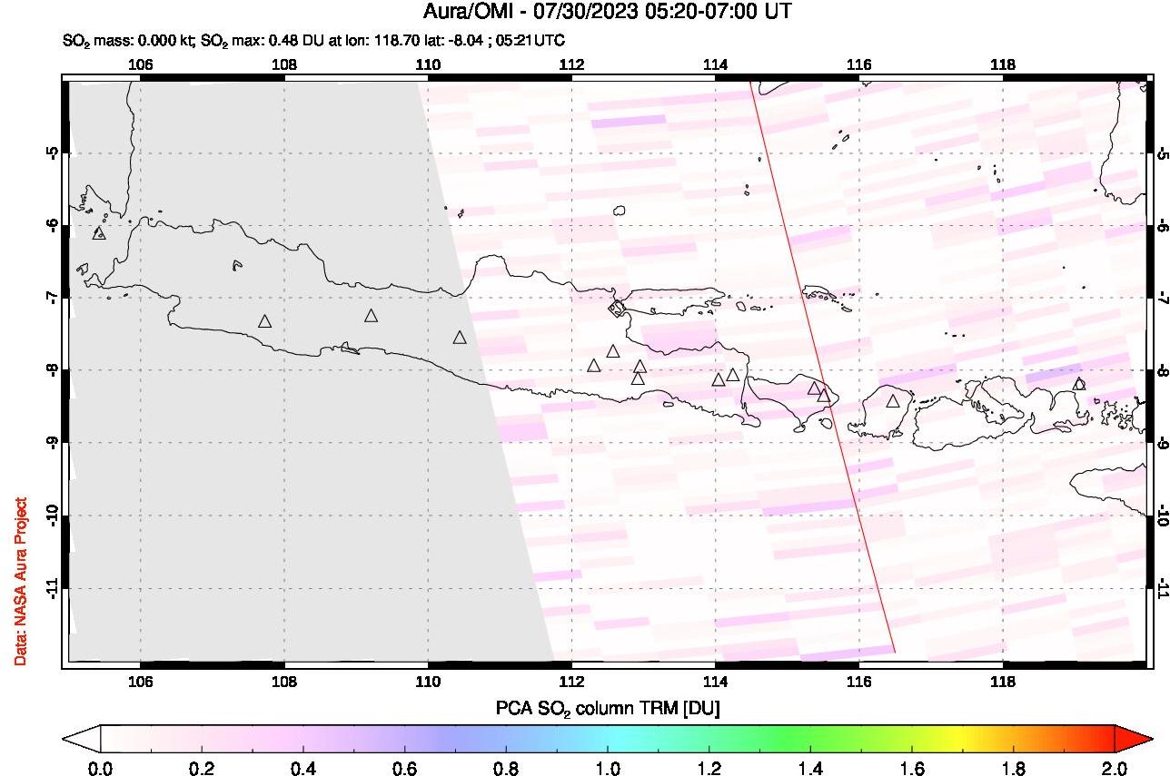 A sulfur dioxide image over Java, Indonesia on Jul 30, 2023.
