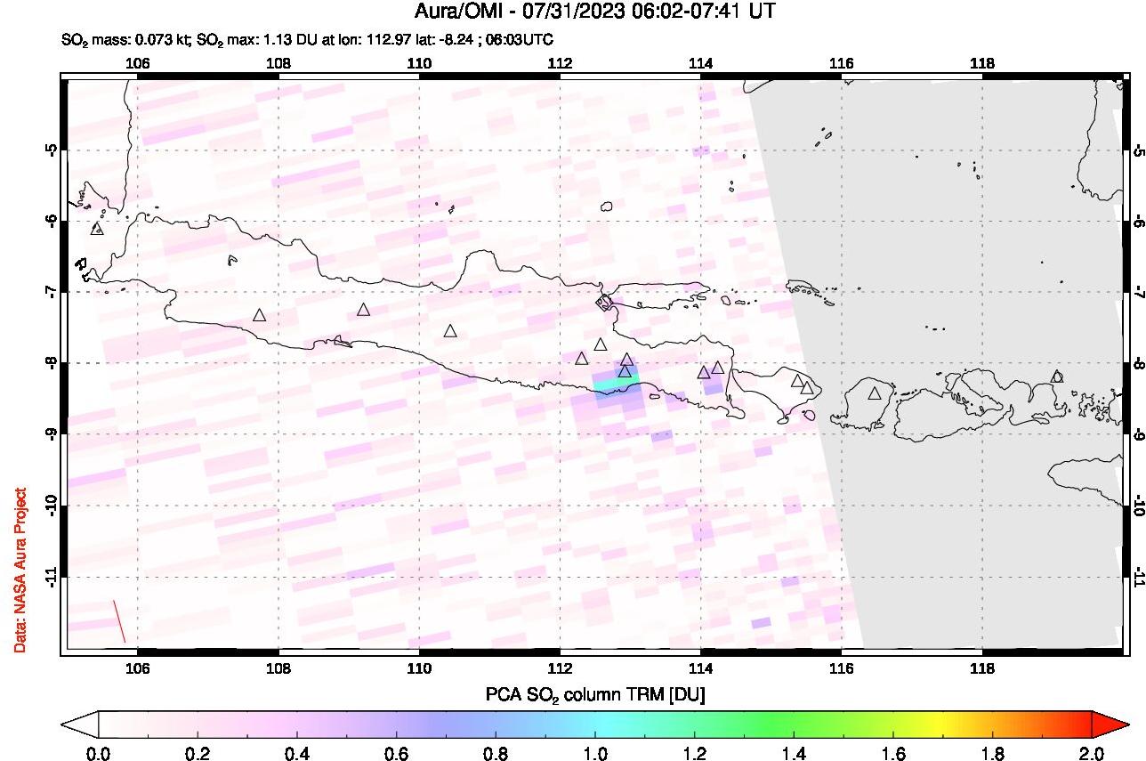 A sulfur dioxide image over Java, Indonesia on Jul 31, 2023.