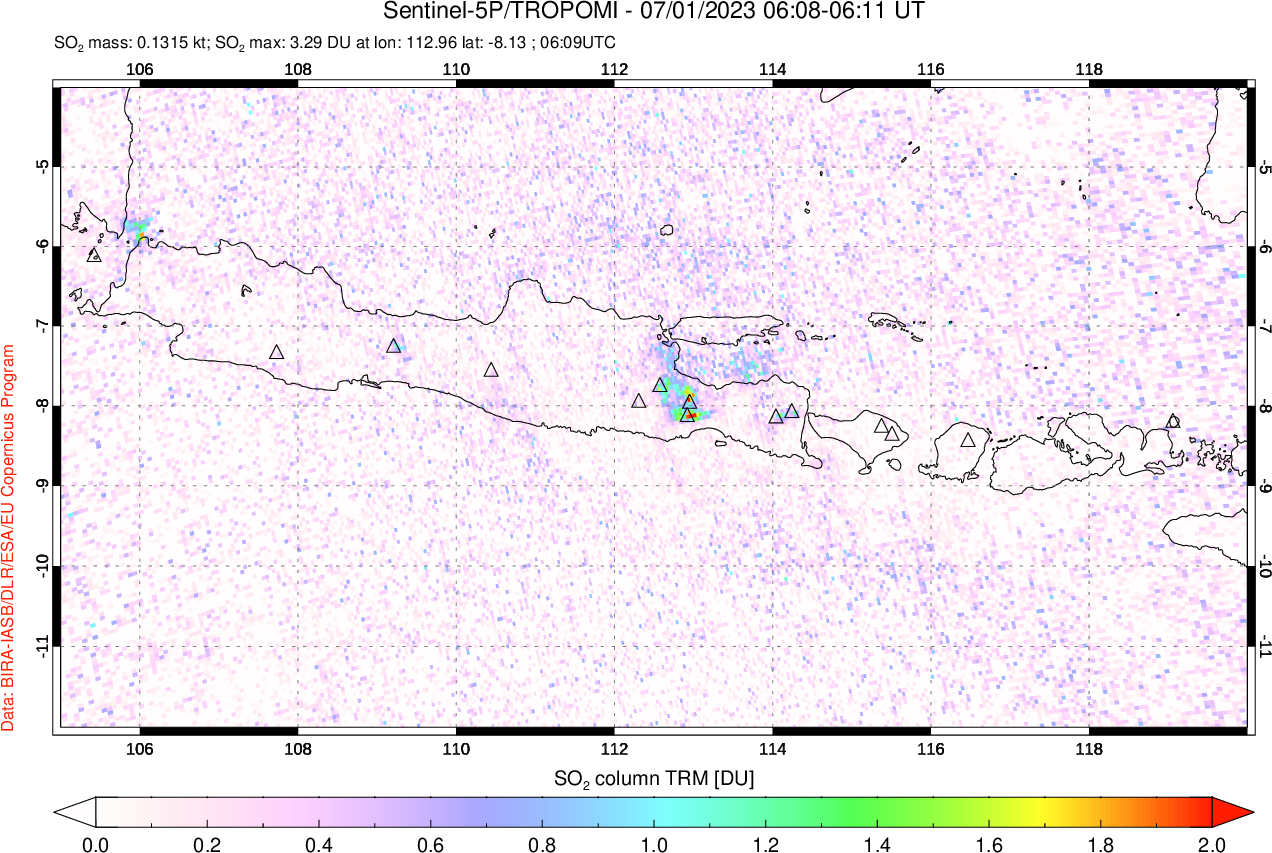 A sulfur dioxide image over Java, Indonesia on Jul 01, 2023.