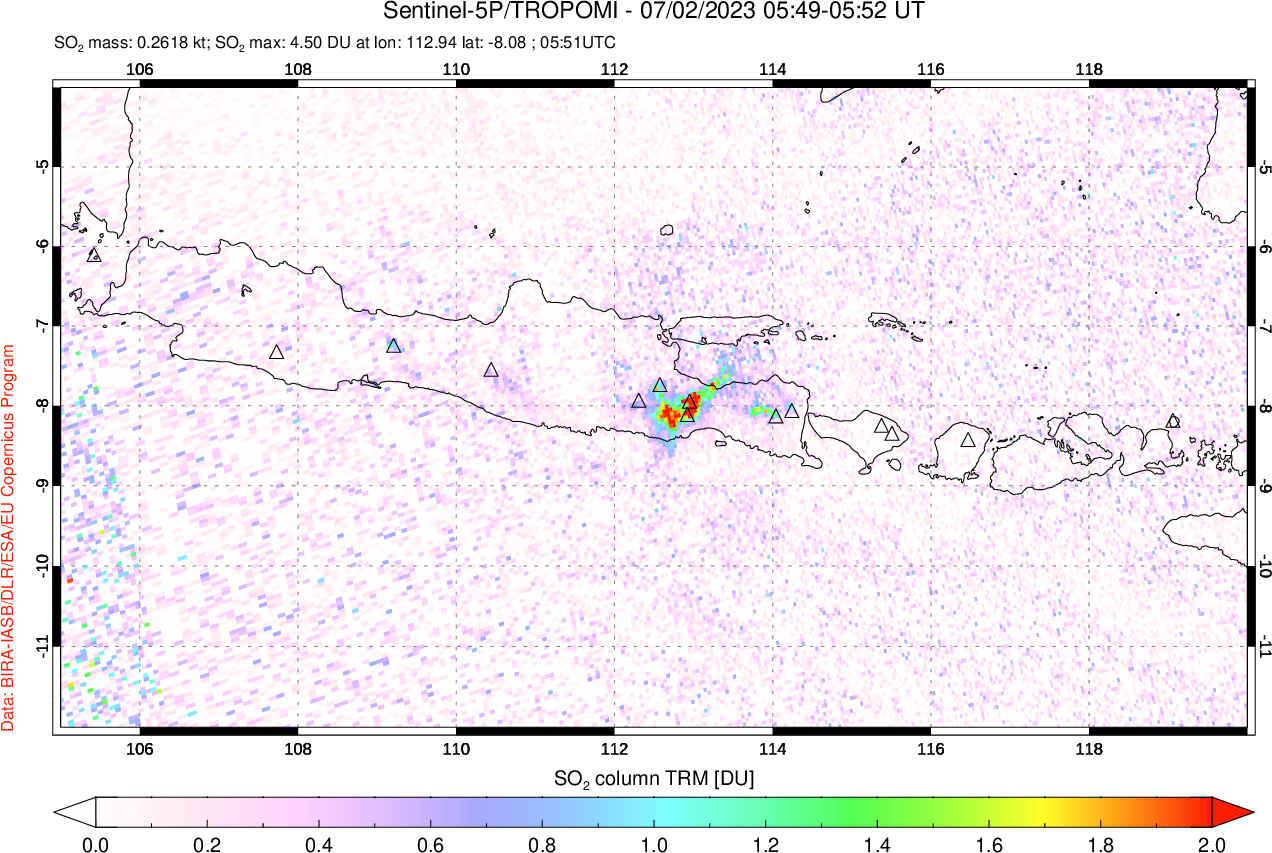 A sulfur dioxide image over Java, Indonesia on Jul 02, 2023.
