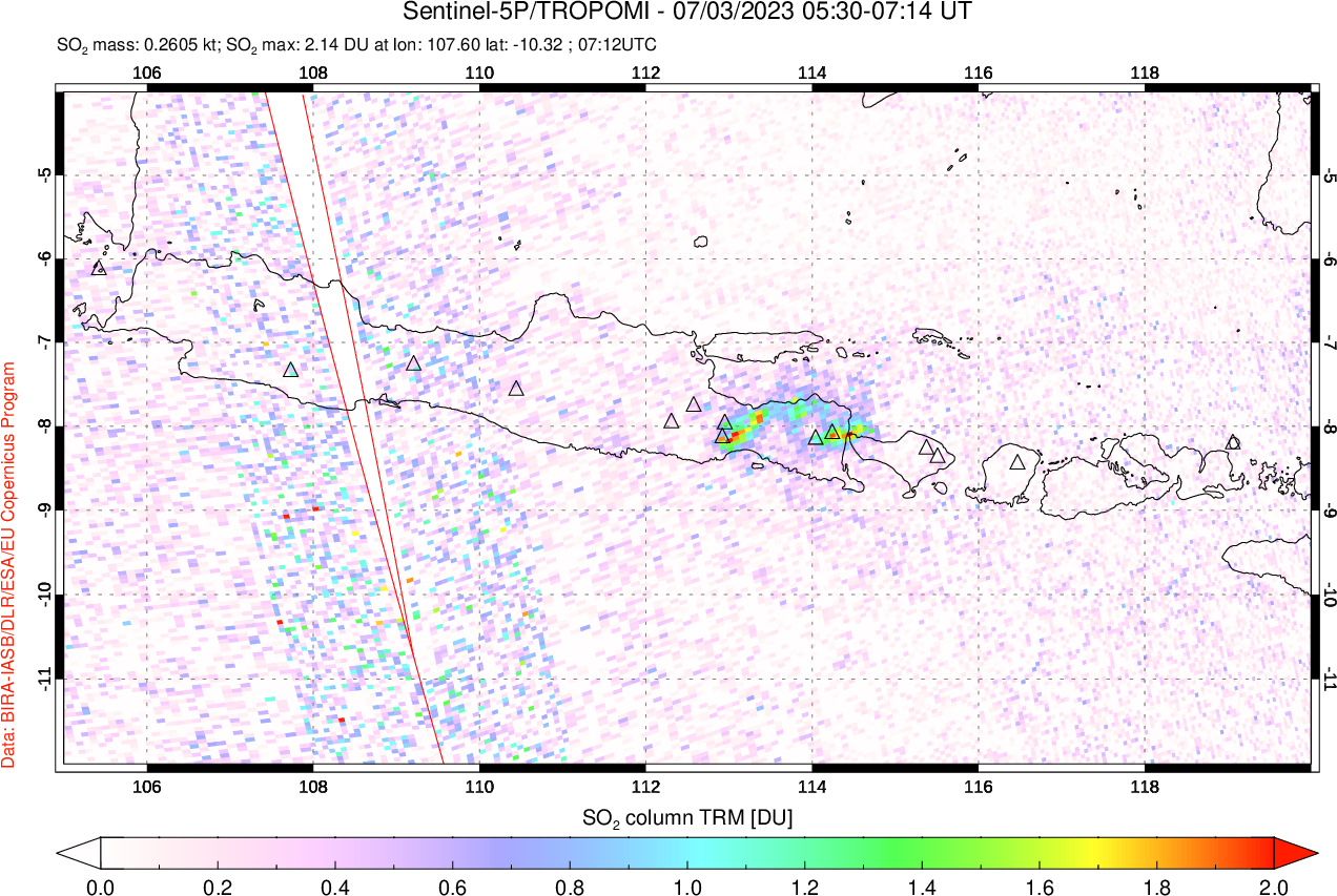A sulfur dioxide image over Java, Indonesia on Jul 03, 2023.