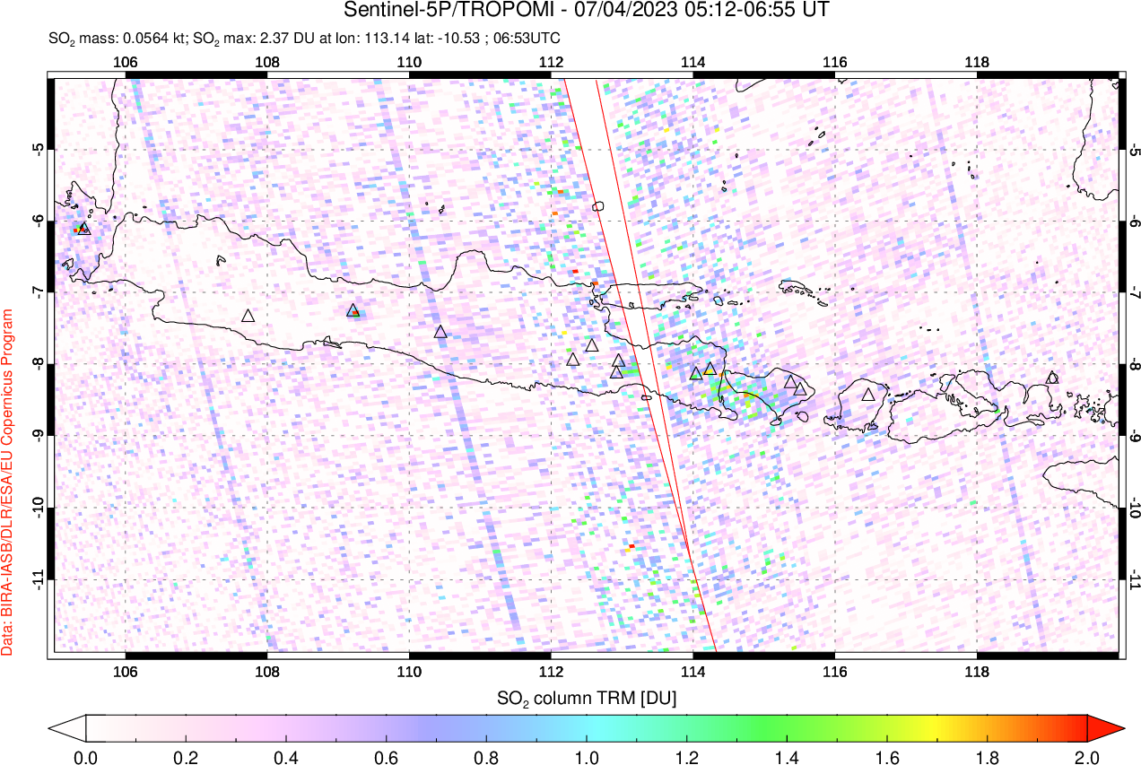 A sulfur dioxide image over Java, Indonesia on Jul 04, 2023.