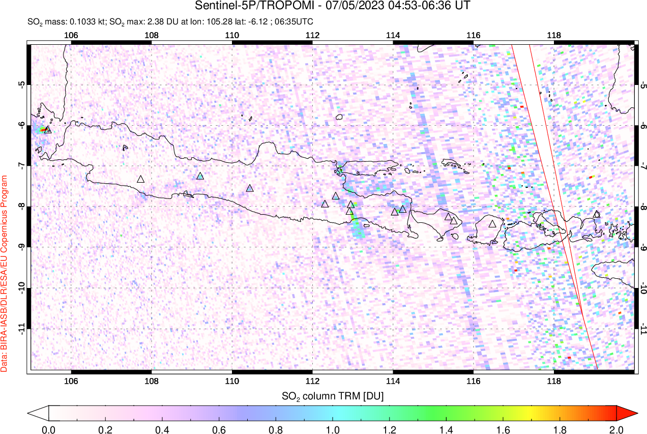 A sulfur dioxide image over Java, Indonesia on Jul 05, 2023.