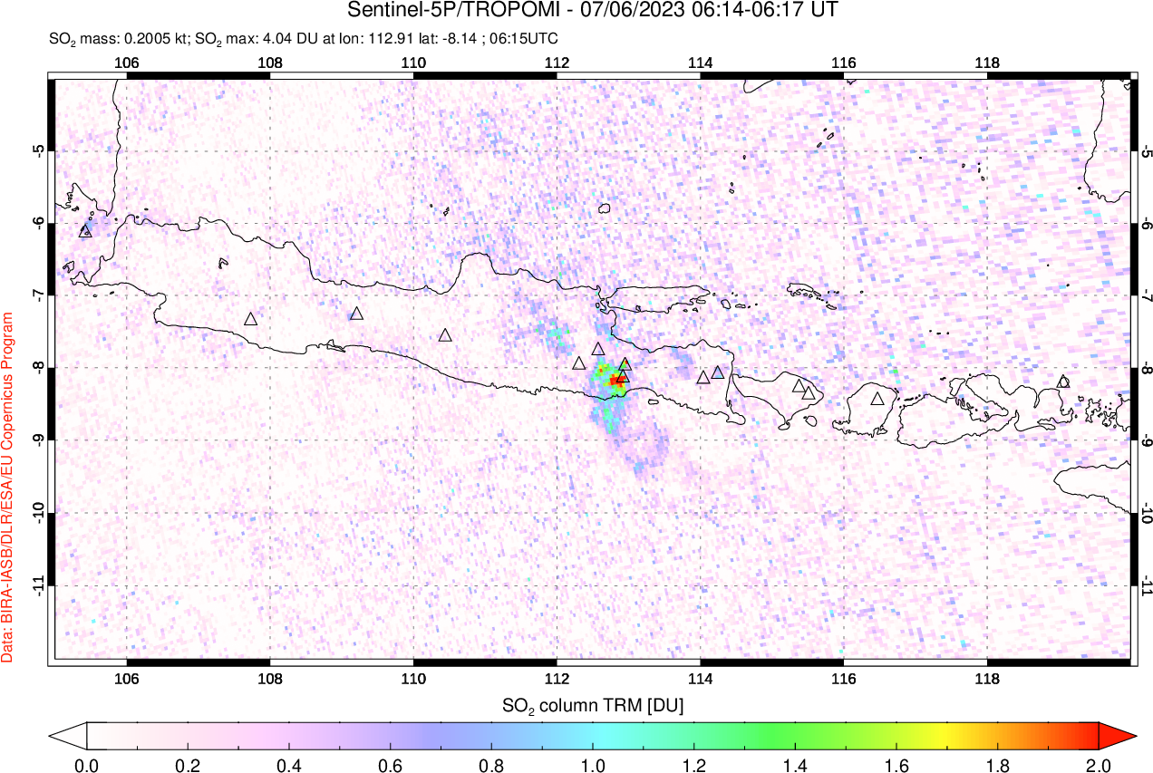 A sulfur dioxide image over Java, Indonesia on Jul 06, 2023.