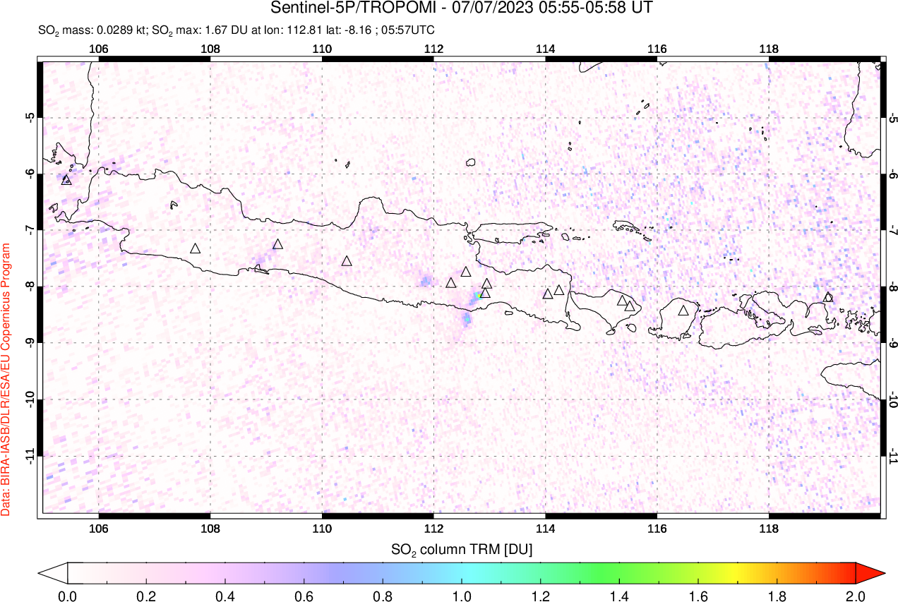 A sulfur dioxide image over Java, Indonesia on Jul 07, 2023.