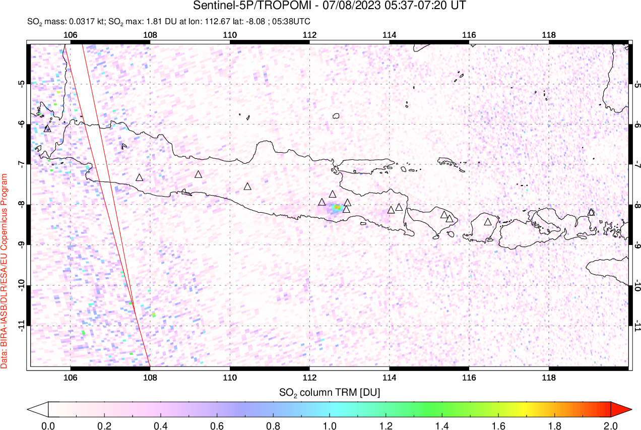 A sulfur dioxide image over Java, Indonesia on Jul 08, 2023.