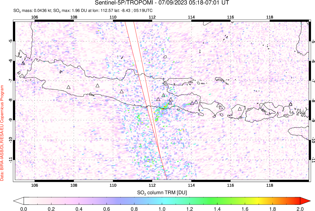 A sulfur dioxide image over Java, Indonesia on Jul 09, 2023.