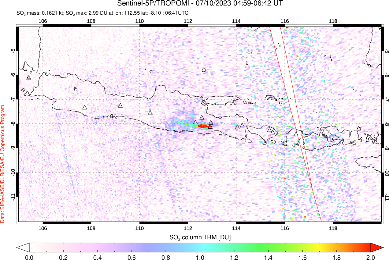 A sulfur dioxide image over Java, Indonesia on Jul 10, 2023.