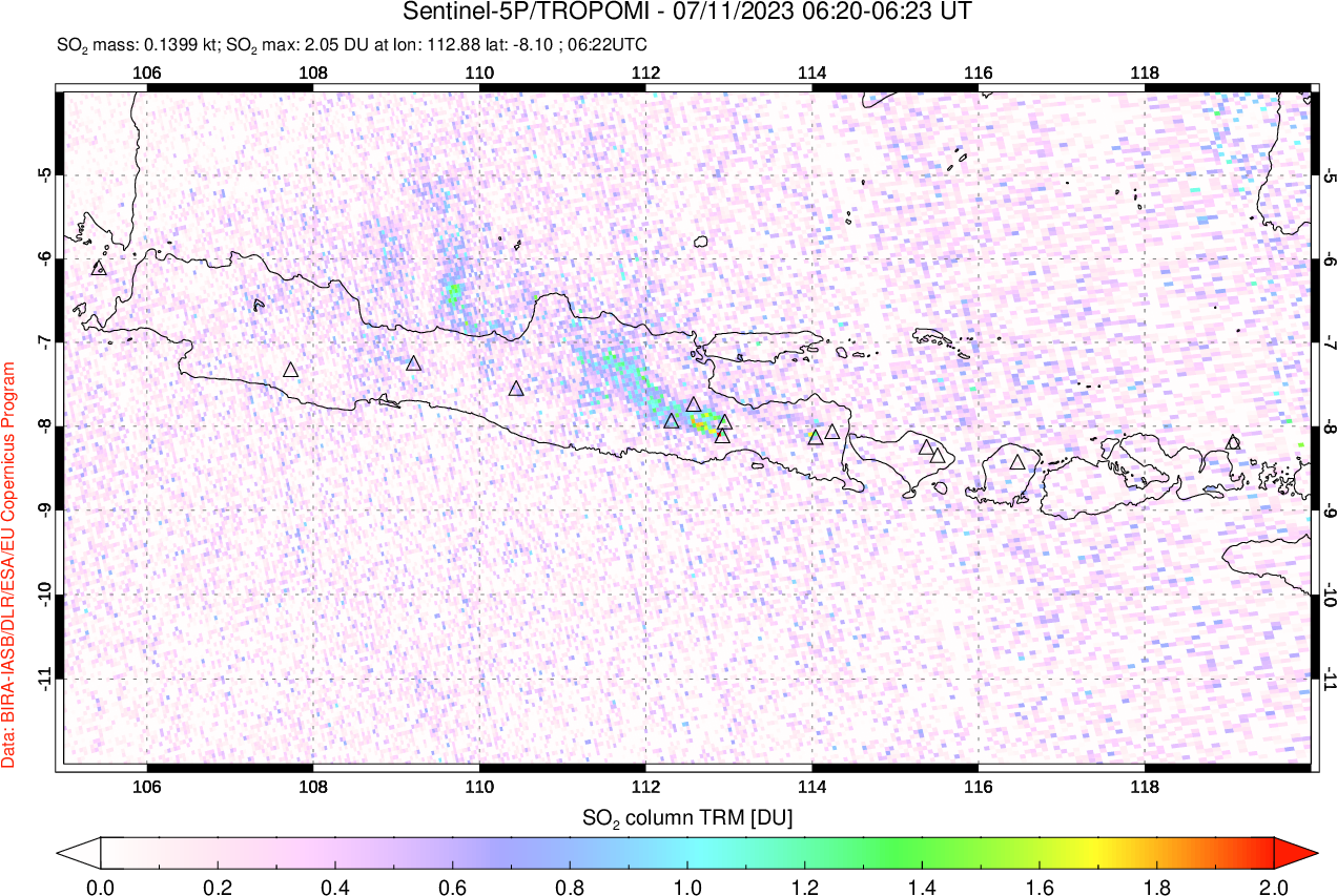 A sulfur dioxide image over Java, Indonesia on Jul 11, 2023.