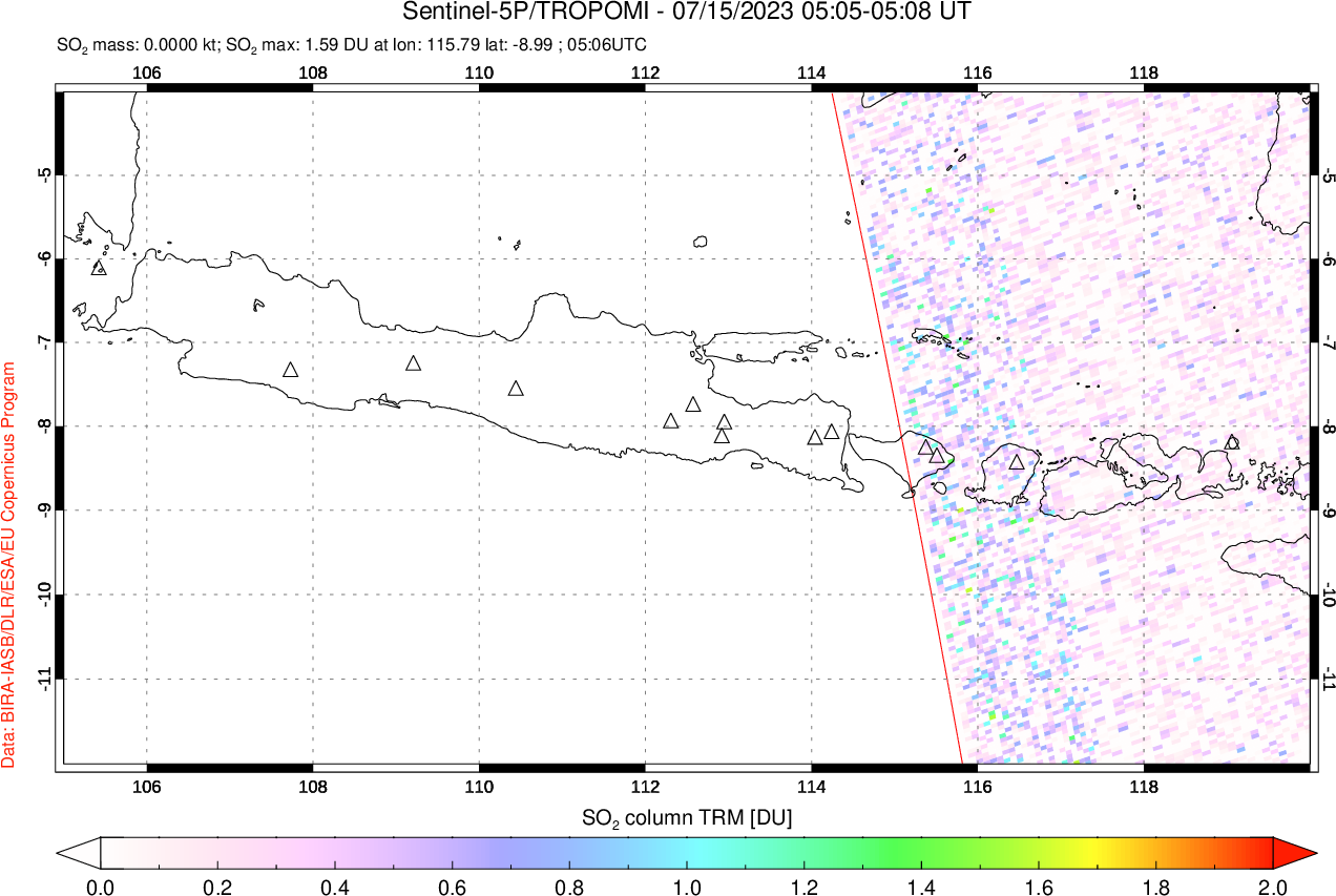 A sulfur dioxide image over Java, Indonesia on Jul 15, 2023.