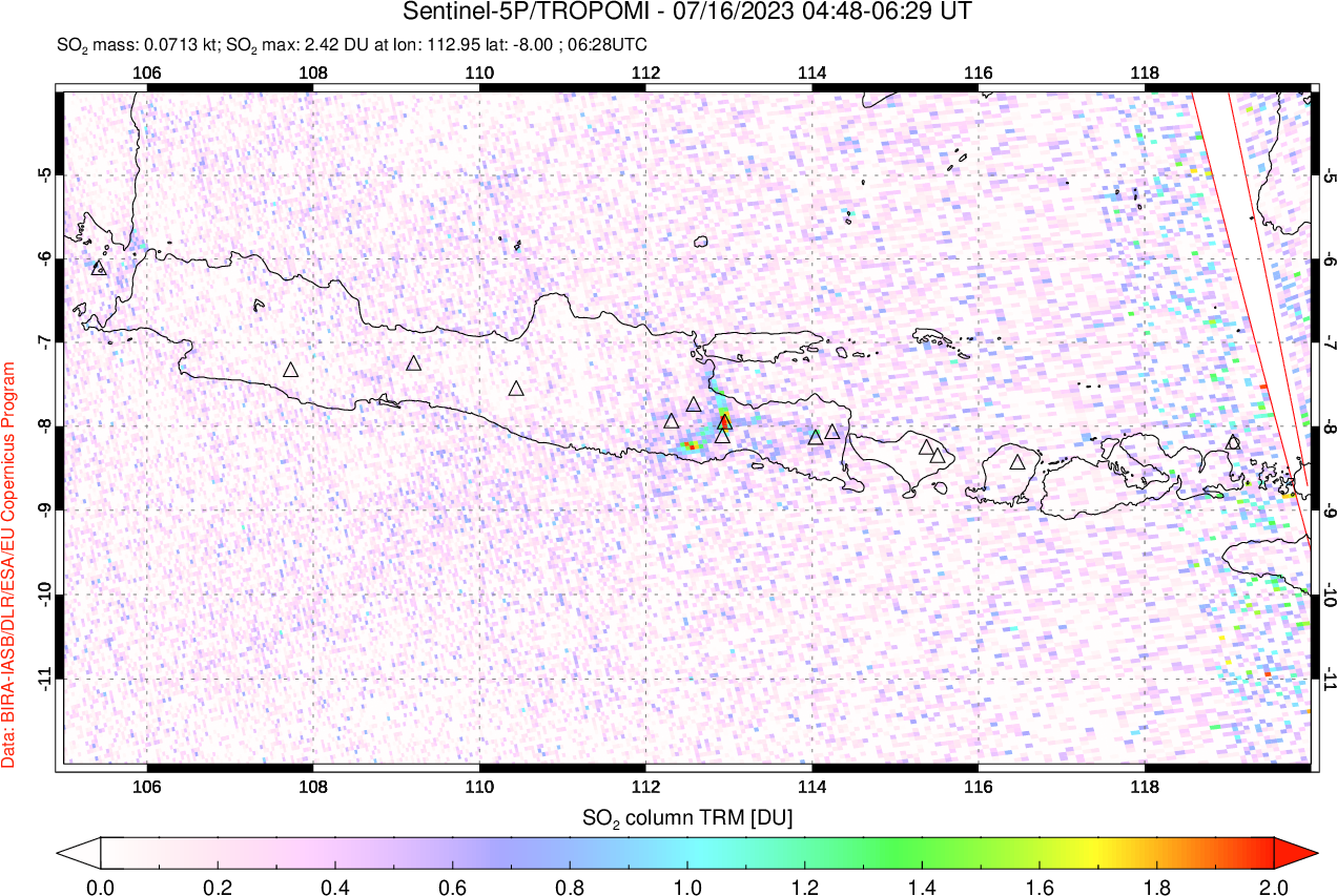 A sulfur dioxide image over Java, Indonesia on Jul 16, 2023.