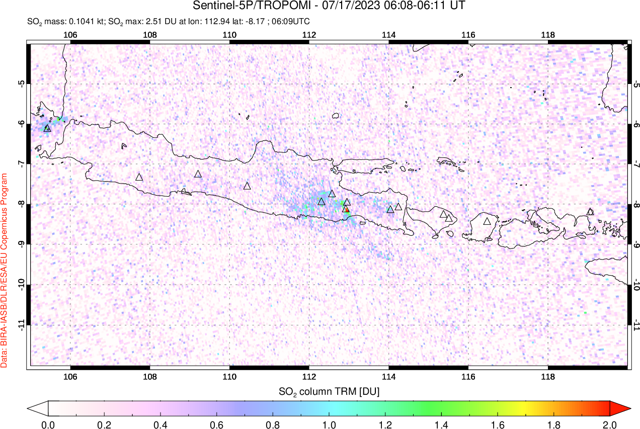 A sulfur dioxide image over Java, Indonesia on Jul 17, 2023.