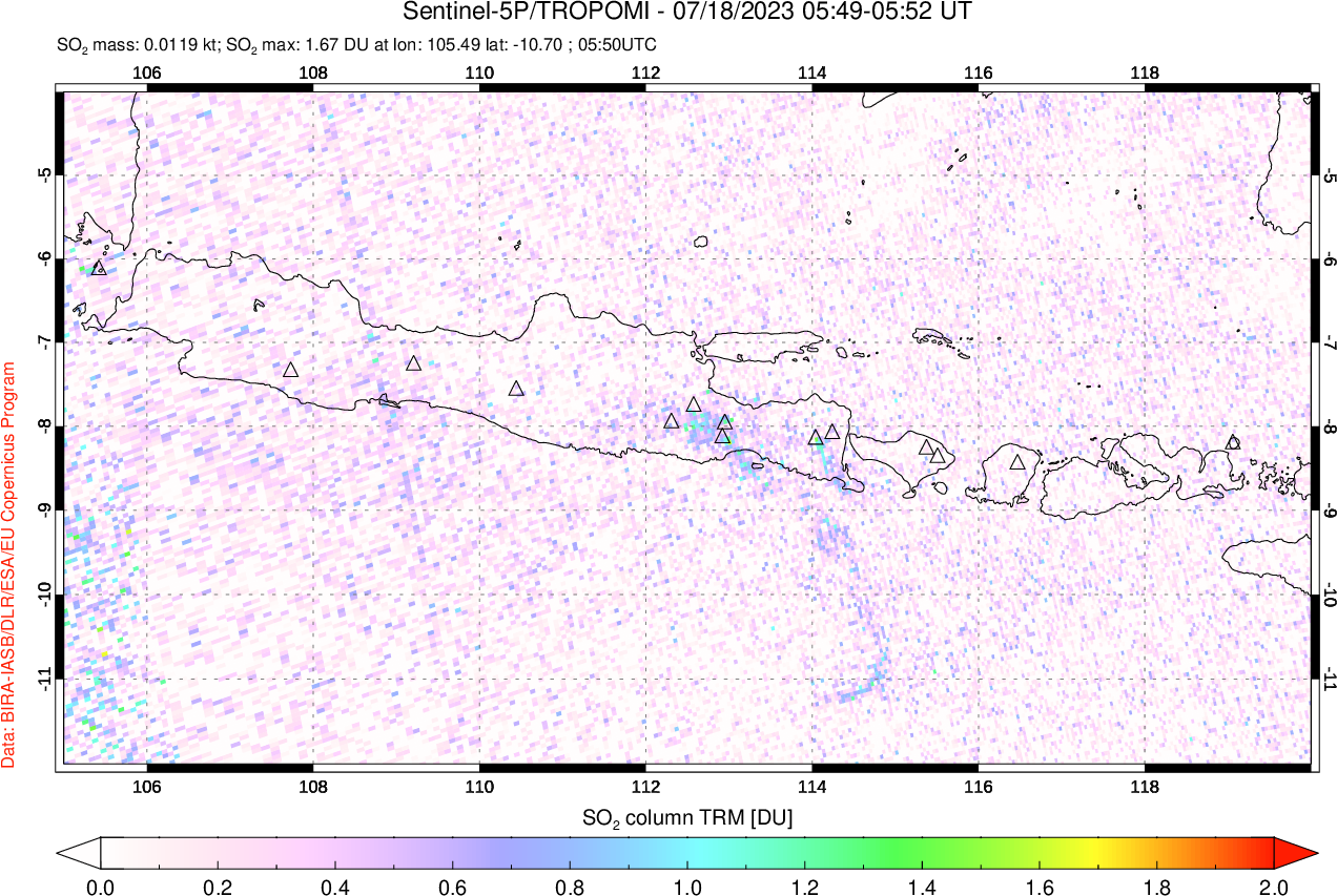 A sulfur dioxide image over Java, Indonesia on Jul 18, 2023.