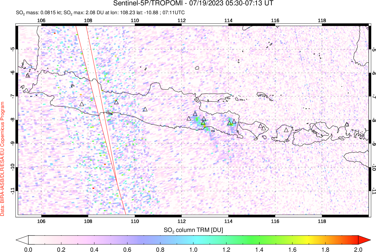 A sulfur dioxide image over Java, Indonesia on Jul 19, 2023.