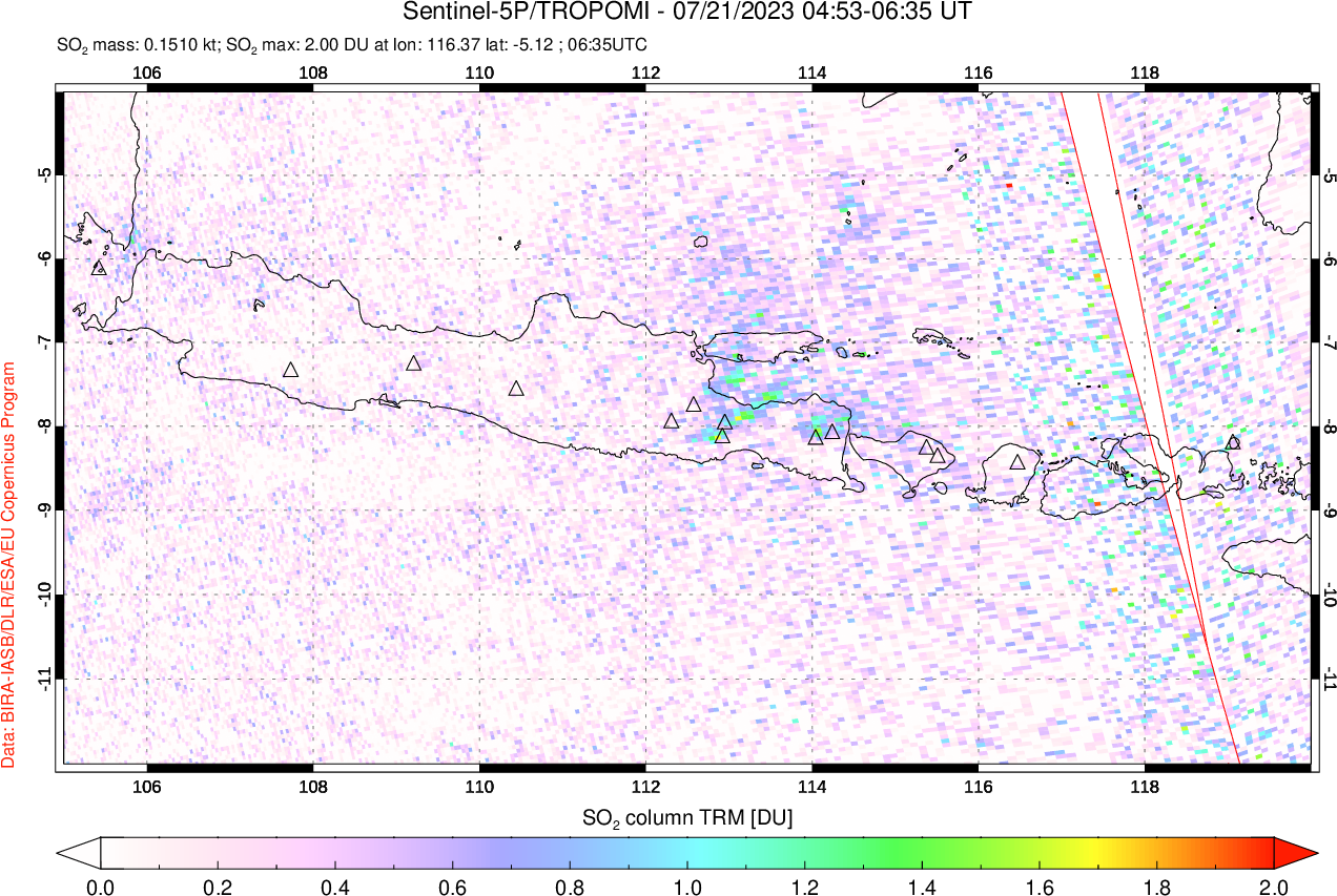 A sulfur dioxide image over Java, Indonesia on Jul 21, 2023.