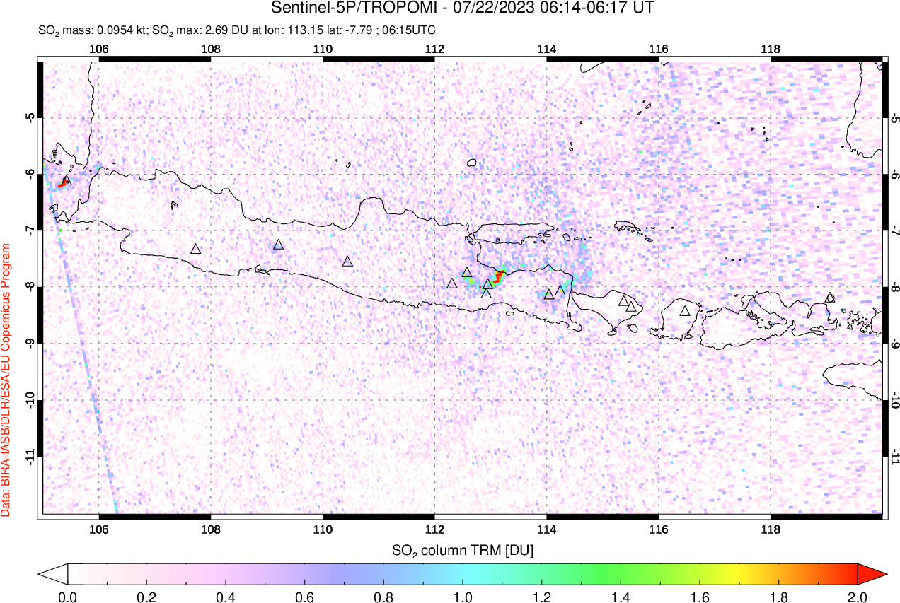 A sulfur dioxide image over Java, Indonesia on Jul 22, 2023.