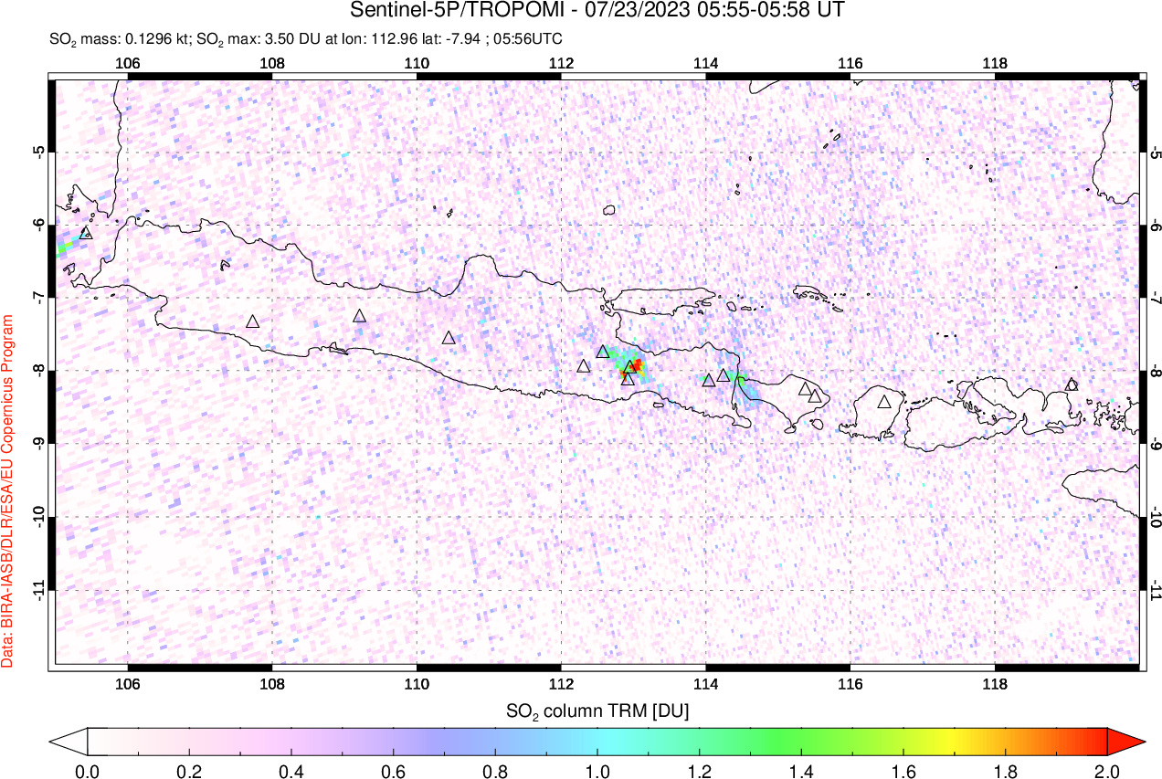 A sulfur dioxide image over Java, Indonesia on Jul 23, 2023.