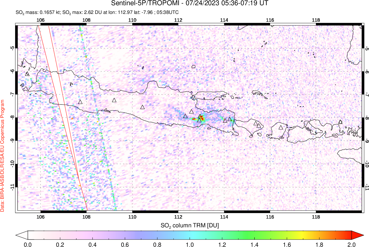 A sulfur dioxide image over Java, Indonesia on Jul 24, 2023.
