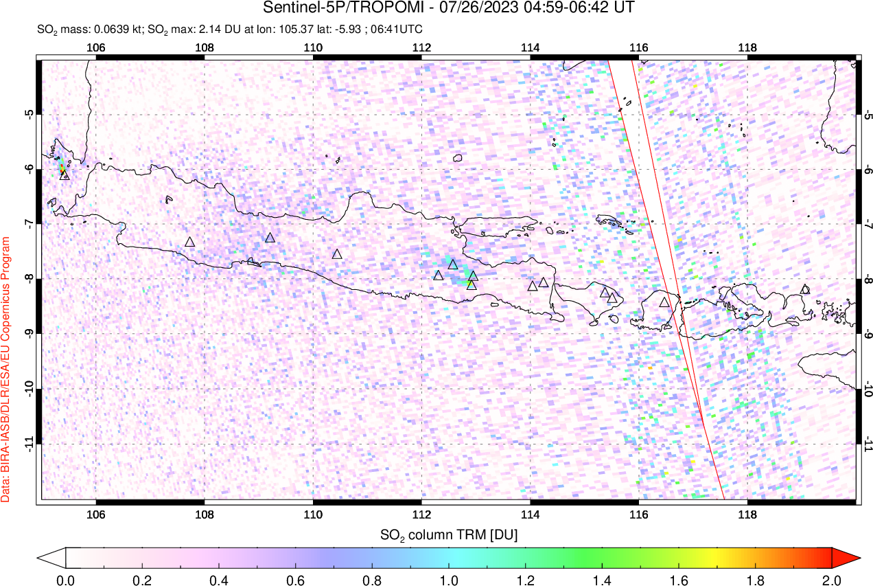 A sulfur dioxide image over Java, Indonesia on Jul 26, 2023.