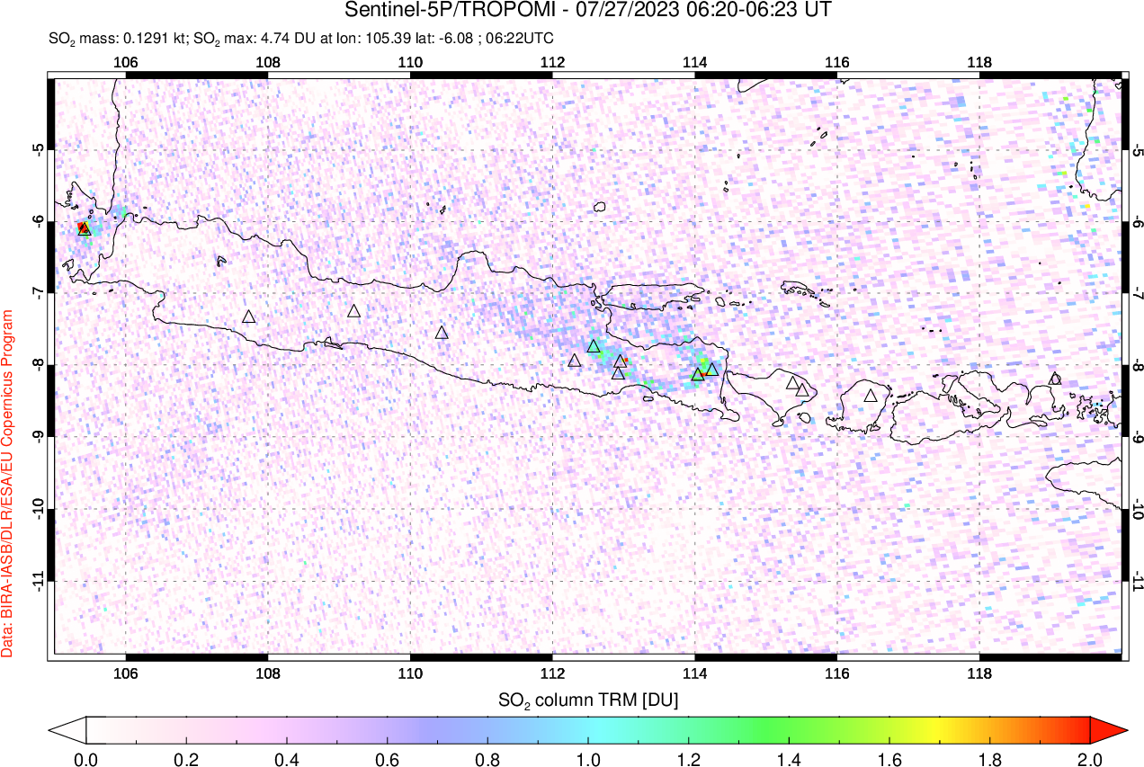 A sulfur dioxide image over Java, Indonesia on Jul 27, 2023.