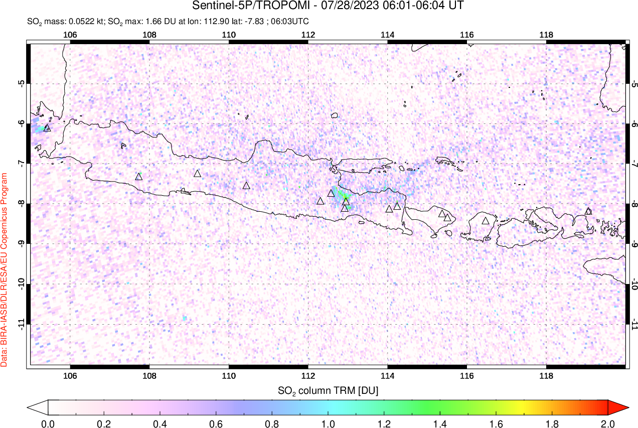 A sulfur dioxide image over Java, Indonesia on Jul 28, 2023.