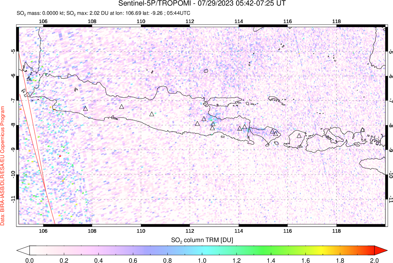 A sulfur dioxide image over Java, Indonesia on Jul 29, 2023.