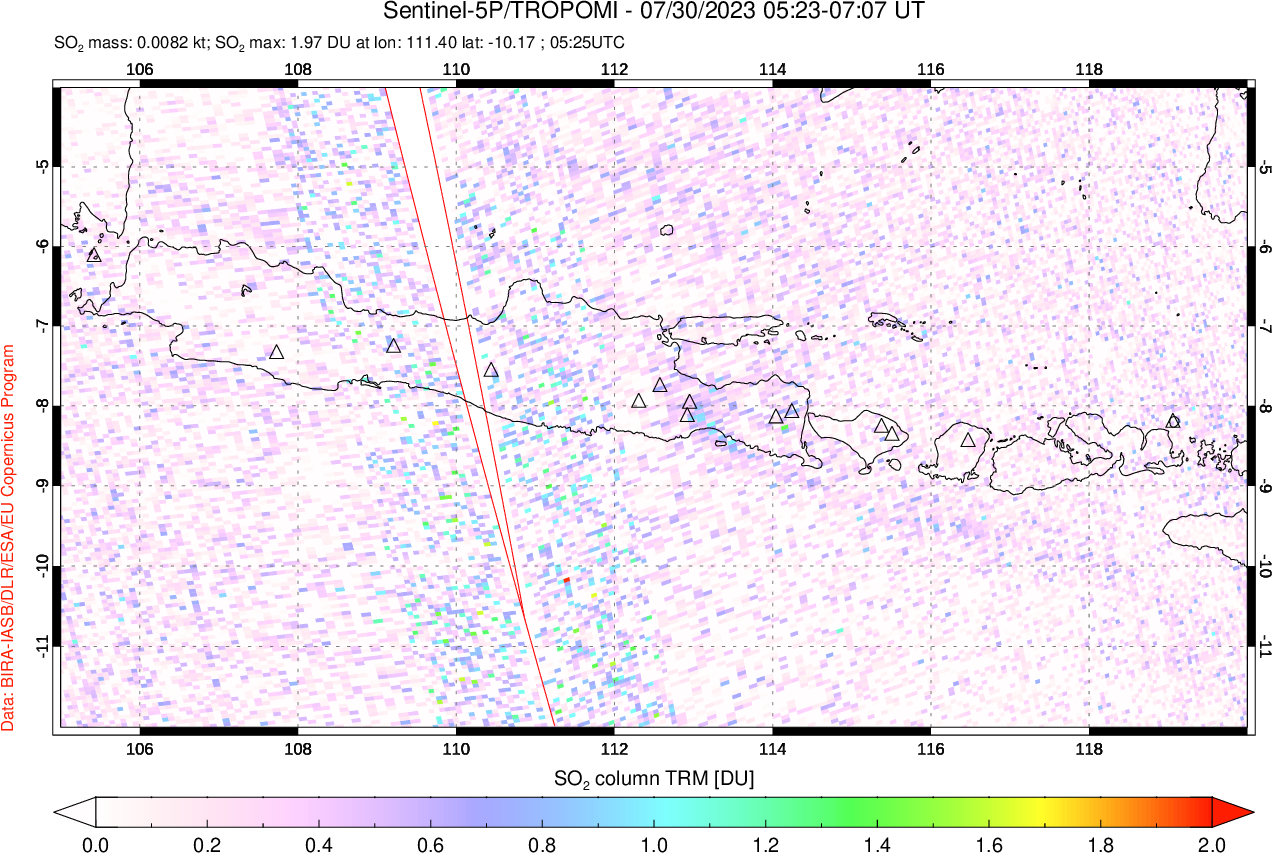 A sulfur dioxide image over Java, Indonesia on Jul 30, 2023.