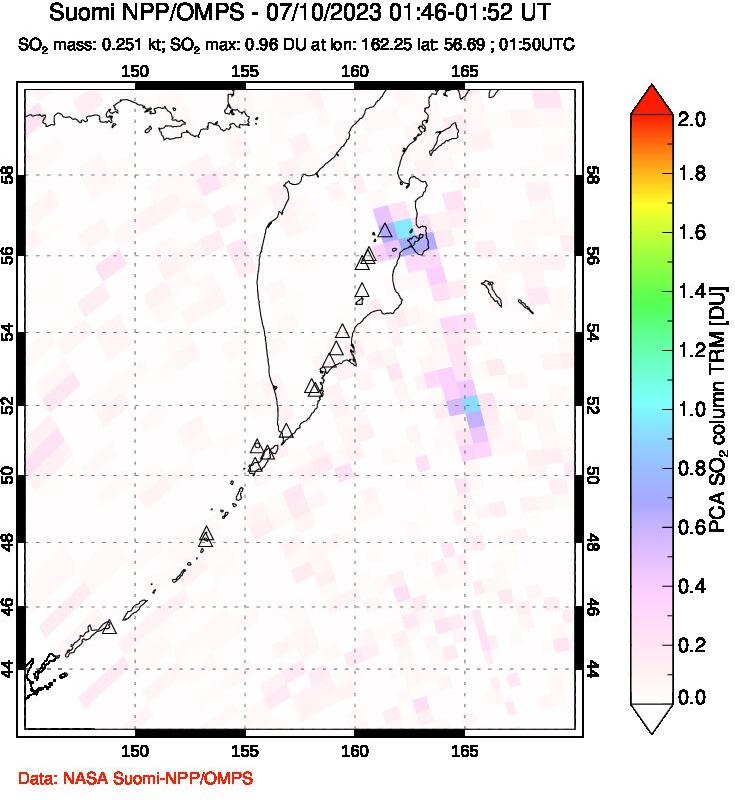 A sulfur dioxide image over Kamchatka, Russian Federation on Jul 10, 2023.