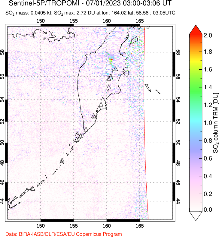 A sulfur dioxide image over Kamchatka, Russian Federation on Jan 01, 2023.