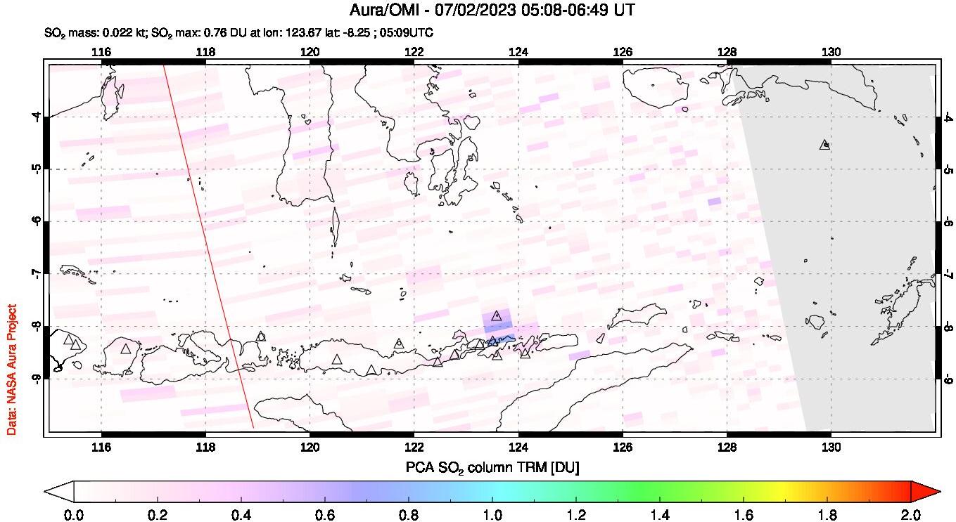 A sulfur dioxide image over Lesser Sunda Islands, Indonesia on Jul 02, 2023.