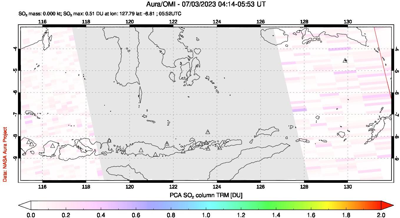 A sulfur dioxide image over Lesser Sunda Islands, Indonesia on Jul 03, 2023.