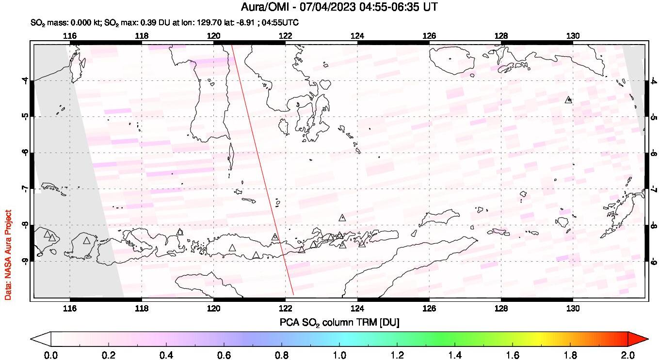 A sulfur dioxide image over Lesser Sunda Islands, Indonesia on Jul 04, 2023.