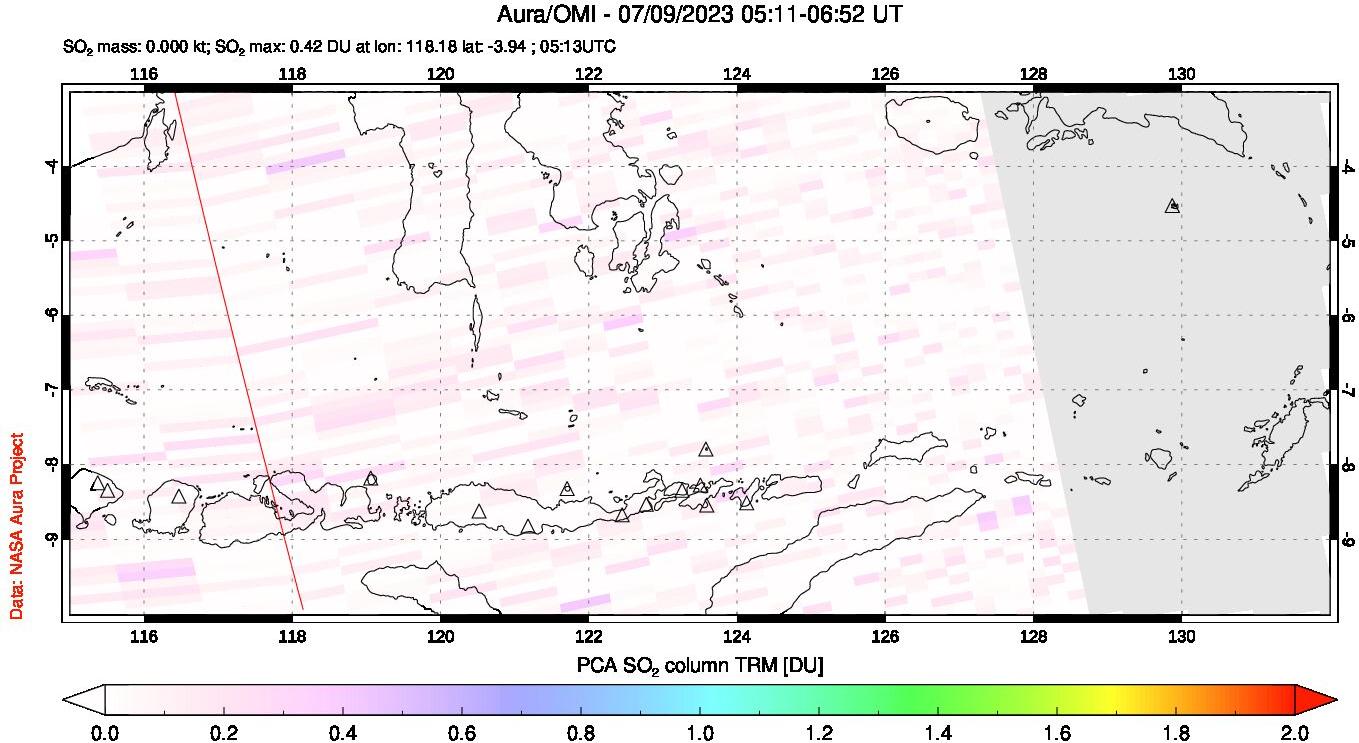 A sulfur dioxide image over Lesser Sunda Islands, Indonesia on Jul 09, 2023.