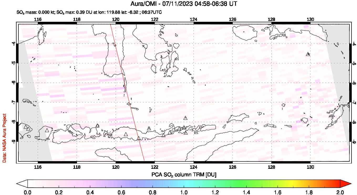 A sulfur dioxide image over Lesser Sunda Islands, Indonesia on Jul 11, 2023.